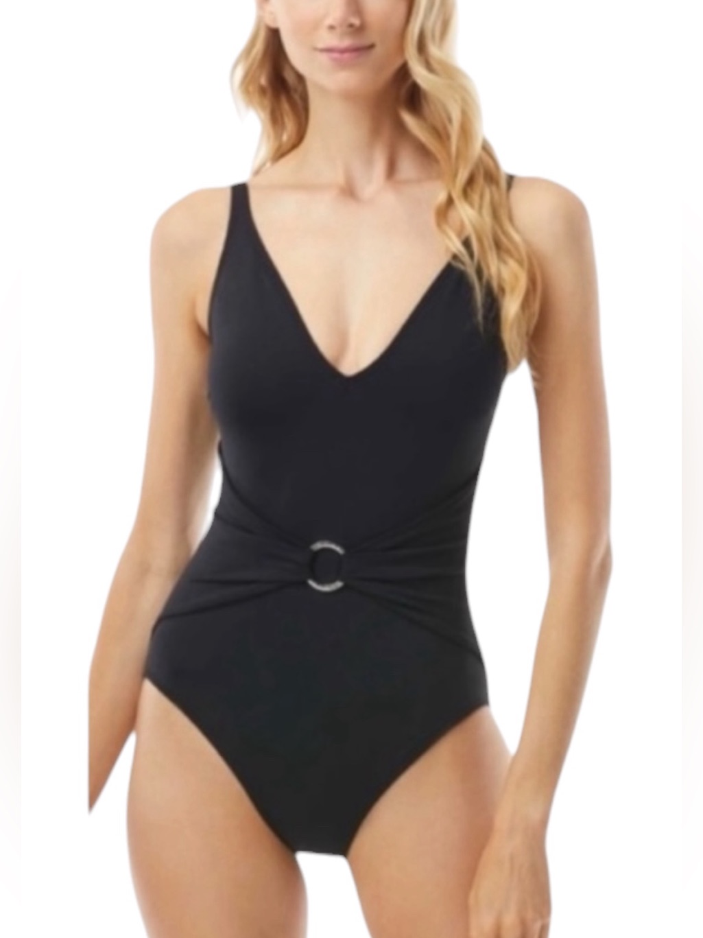 Michael Michael Kors One Piece Swimsuit Black Ribbed Size 10 Waist Sash Logo Nwt